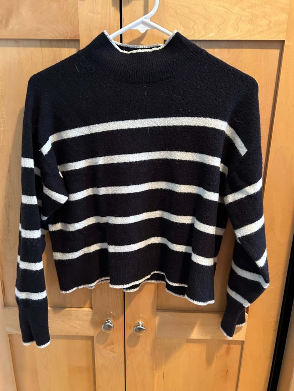 J. Crew Black and White Striped Mock Neck Sweater